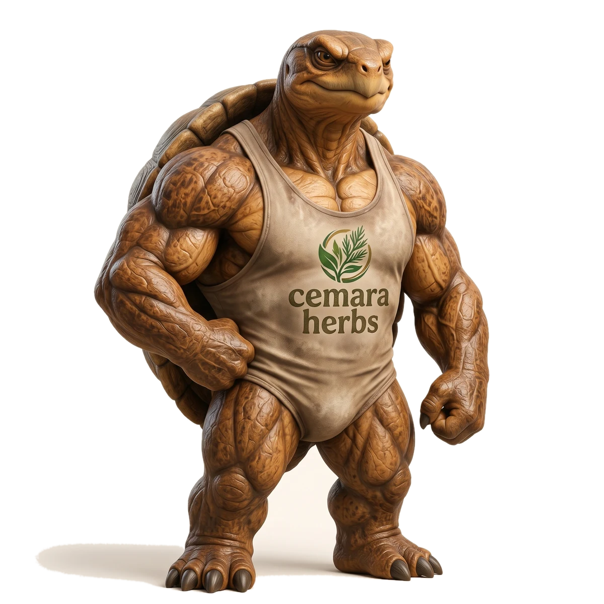 Maskot Cemara Herbs: kura-kura berotot memakai singlet berlogo Cemara Herbs
